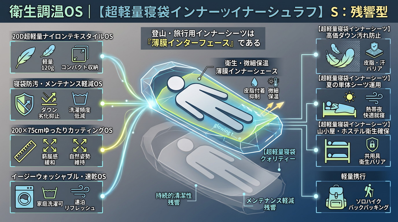 959S｜【衛生調温OS｜OneTigris CAMPING 寝袋インナーシーツ】20Dナイロン×200×75cmサイズによる清潔保持・温度補助構造