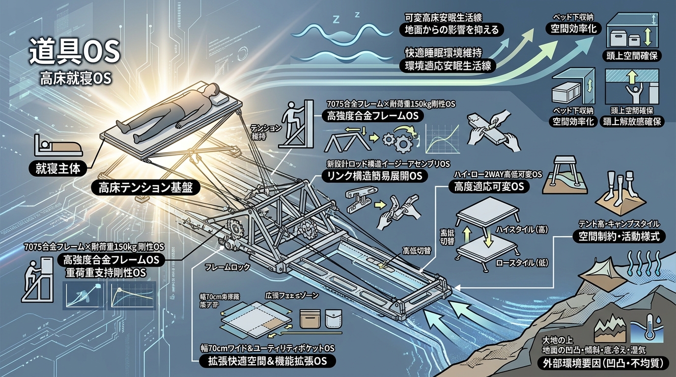 961S｜【二段高床OS｜OneTigris Supranubis キャンプコット 2WAY】7075アルミニウム合金フレーム×耐荷重150kg・ロッド構造組立構造