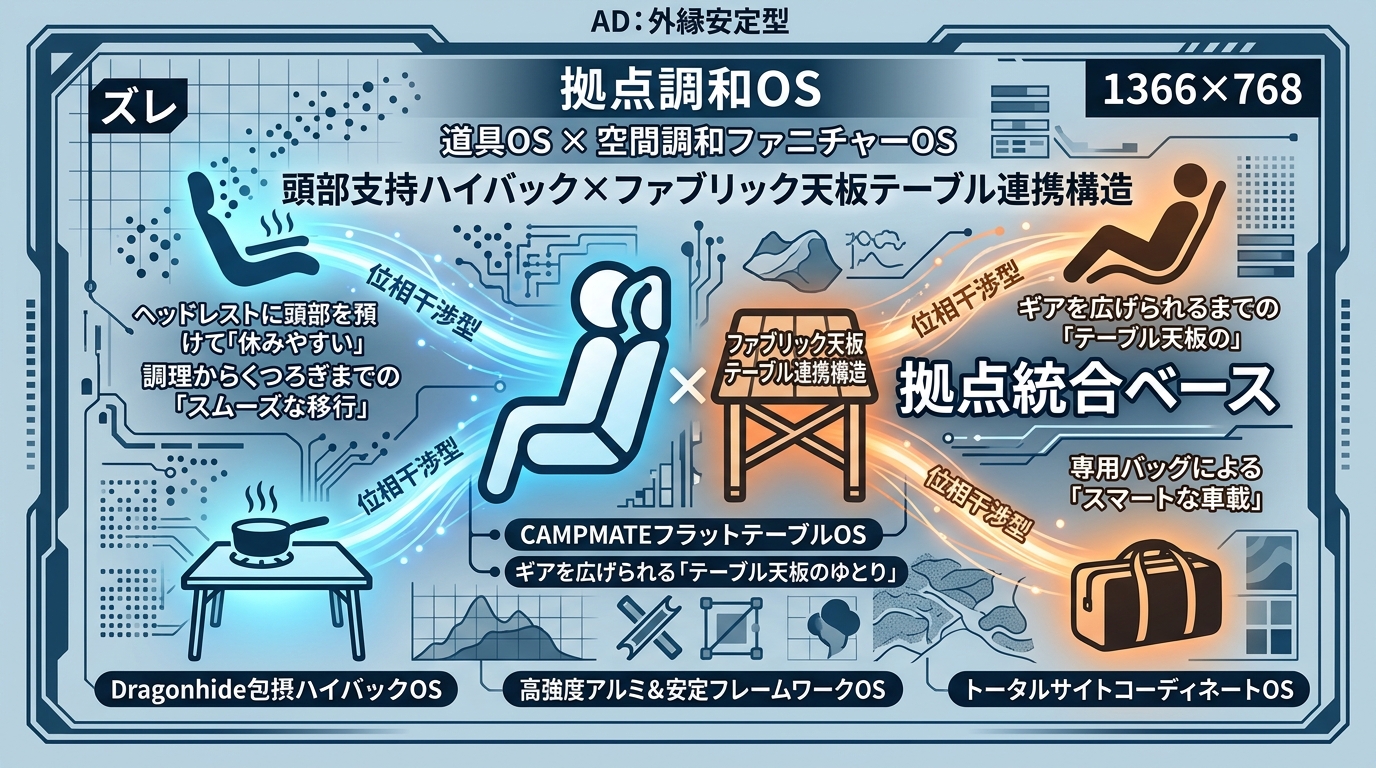 966S｜【拠点調和OS｜OneTigris Dragonhide ハイバックチェア と CAMPMATE テーブル バンドル商品】頭部支持ハイバック×ファブリック天板テーブル連携構造